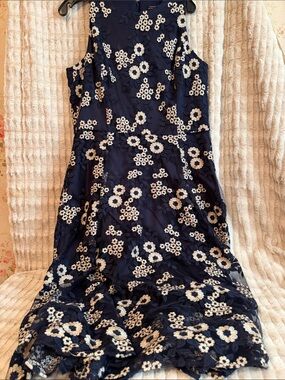 Tahari Navy Floral Embroidered Sleeveless Dress